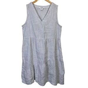 Lucky Brand Womens Dress Small 100% Linen Blue White Striped V Neck Beachy